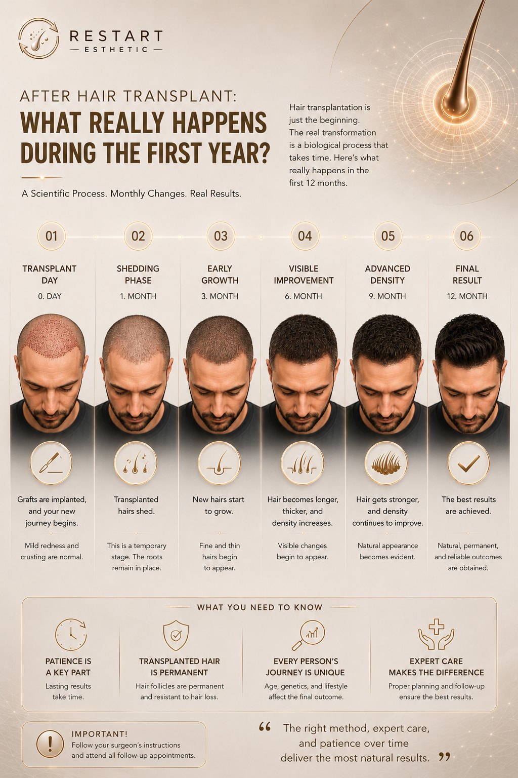 First-year after a hair transplant infographic: transplant day (day 0), shedding phase (month 1), early growth (month 3), visible improvement (month 6), advanced density (month 9) and final result (month 12)