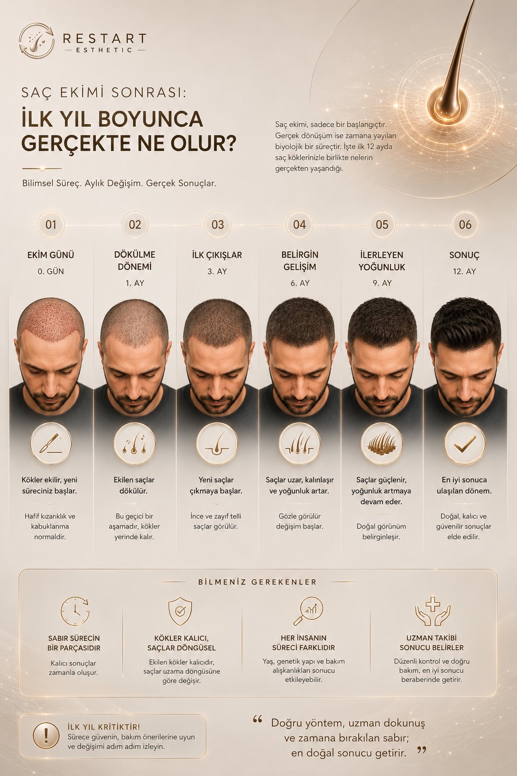 Saç ekimi sonrası ilk yıl infografiği: ekim günü (0. gün), dökülme dönemi (1. ay), ilk çıkışlar (3. ay), belirgin gelişim (6. ay), ilerleyen yoğunluk (9. ay) ve sonuç (12. ay) aşamaları