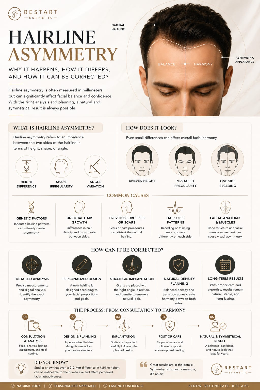 Hairline asymmetry: macro and micro asymmetry overview — bilateral facial measurements, hair direction, density gradation