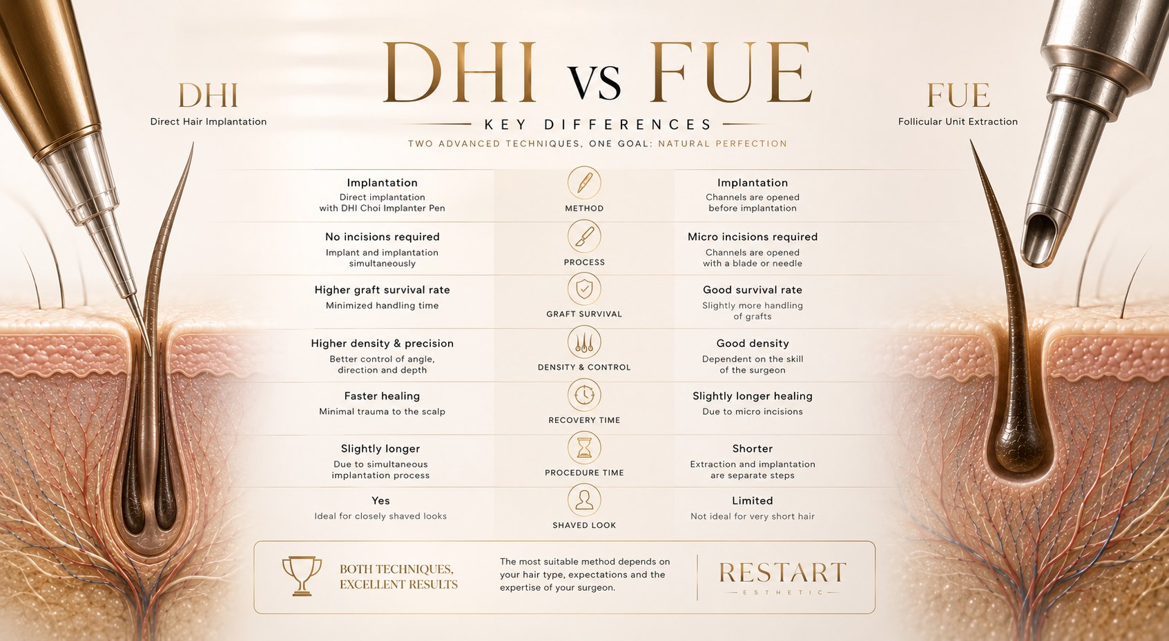 DHI vs FUE key differences table: method, incisions, graft survival, density, recovery time, procedure time and shaved-look requirements compared — Restart Esthetic