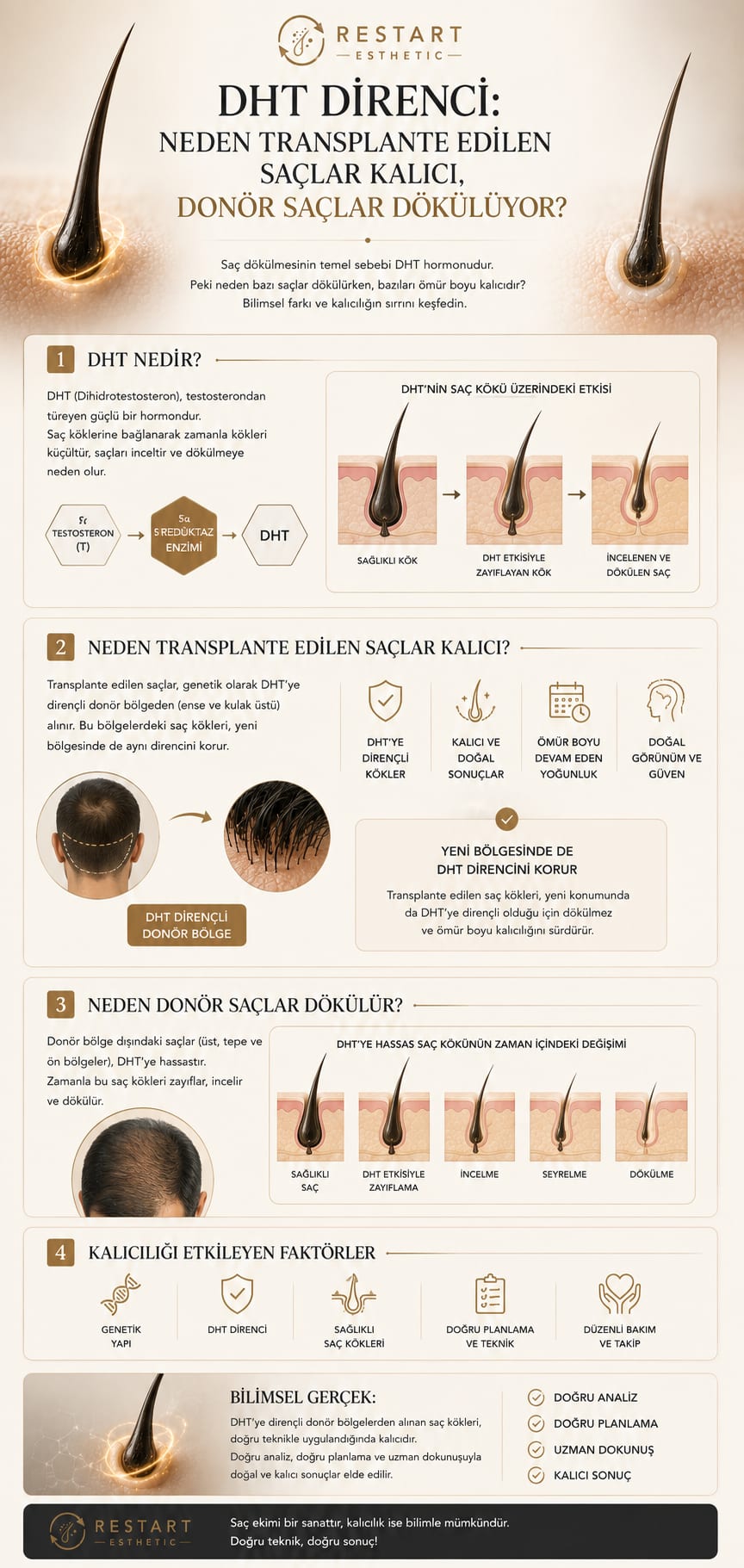 DHT direnci: hormon mekanizması, androgen receptor, occipital direnci, genetic memory, kalıcılık faktörleri infografisi