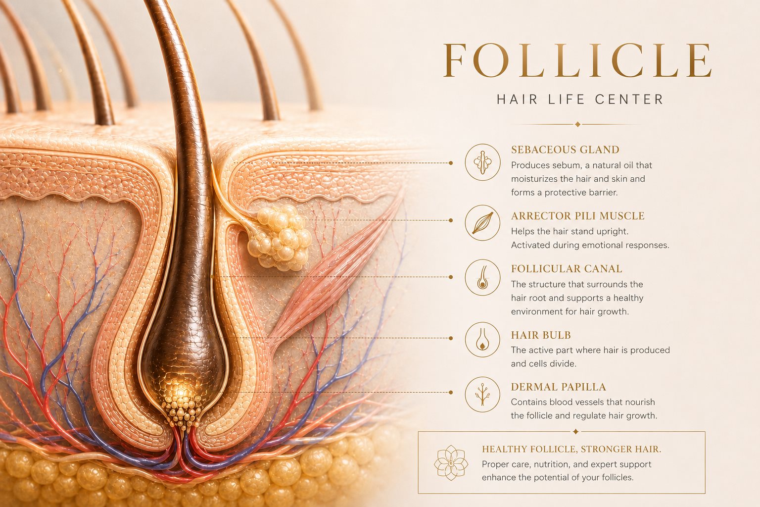 Follicle anatomy: sebaceous gland, arrector pili muscle, follicular canal, hair bulb and dermal papilla — Restart Esthetic