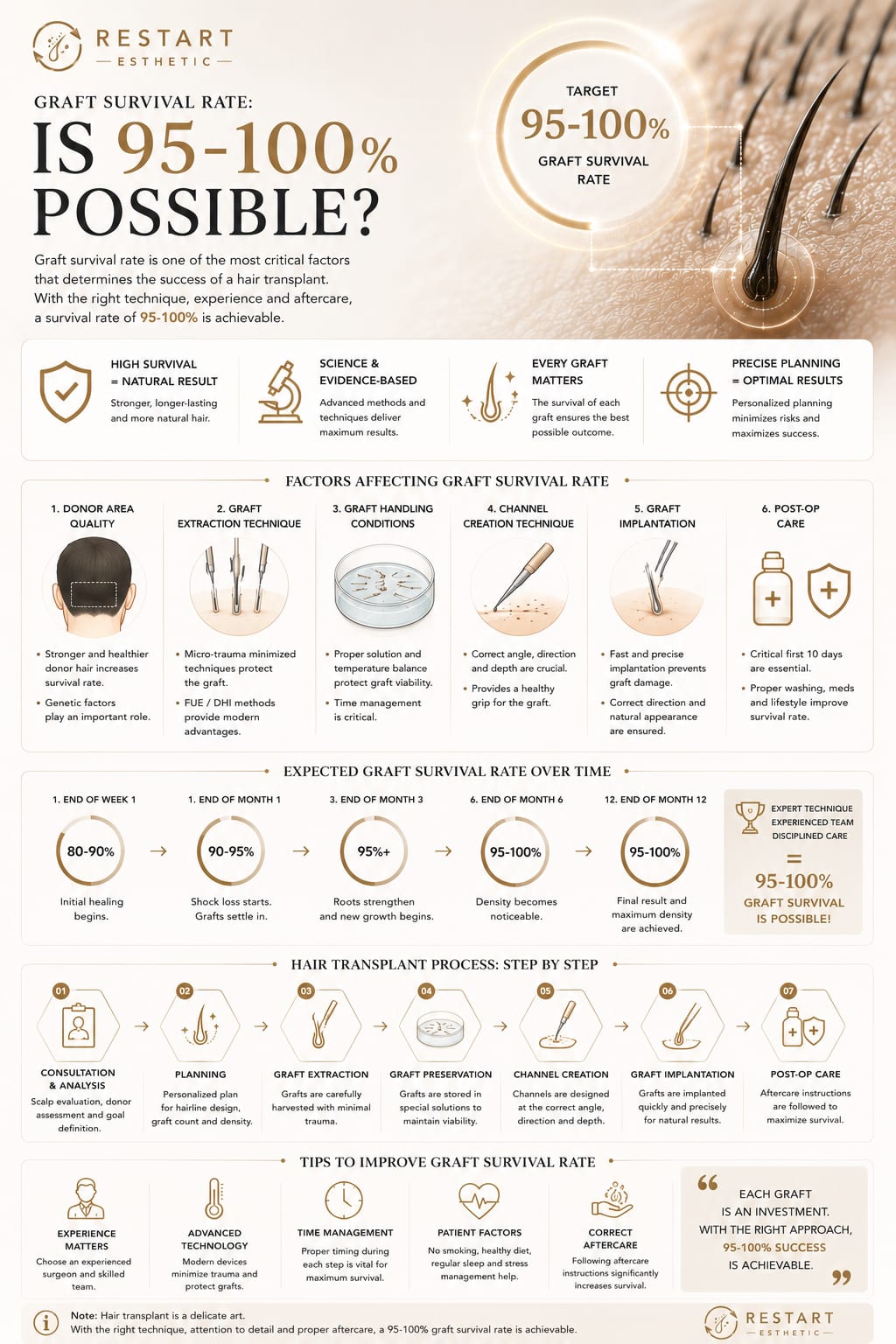 Graft survival rate: extraction, handling time, donor preparation, recipient site factors infographic