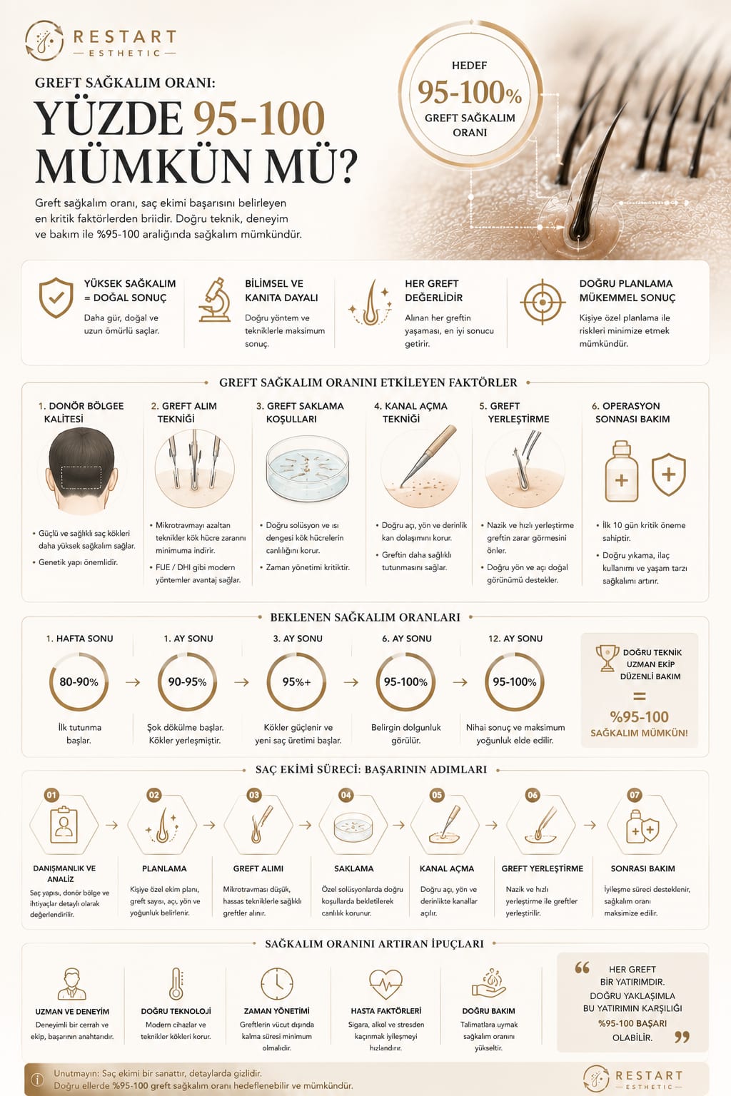 Greft sağkalım oranı: extraction, handling time, donör hazırlığı, alıcı alan faktörleri infografisi