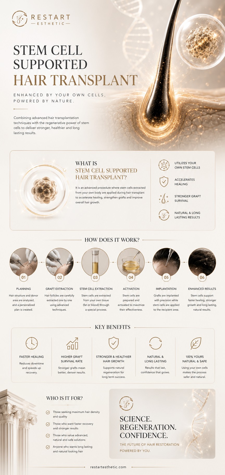 Stem cell–enhanced FUE protocol infographic: postauricular biopsy collection, platelet combination, follicular stem cell injection and mechanism