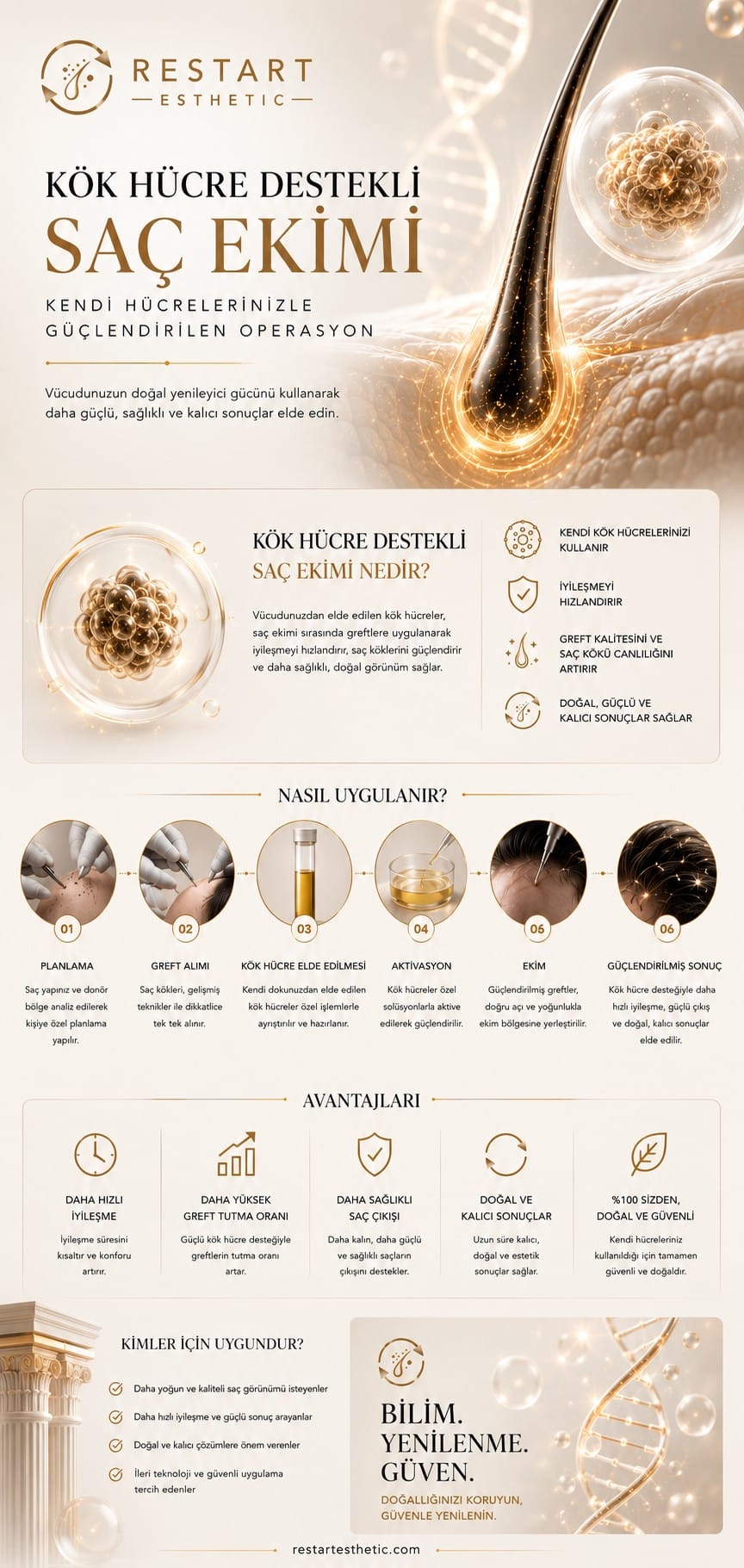 Kök hücre destekli FUE protokolü infografiği: kulak arkası biyopsi alımı, trombosit kombinasyonu, foliküler kök hücre enjeksiyonu ve mekanizması