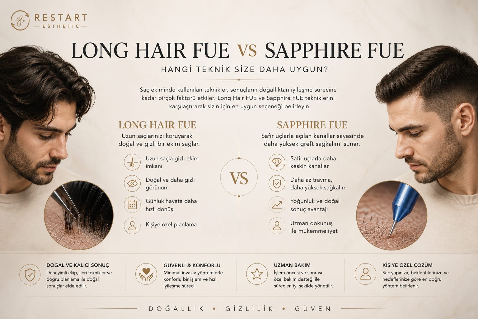 Long Hair FUE vs Sapphire FUE: teknik karşılaştırması, blade, extraction, sonuçlar