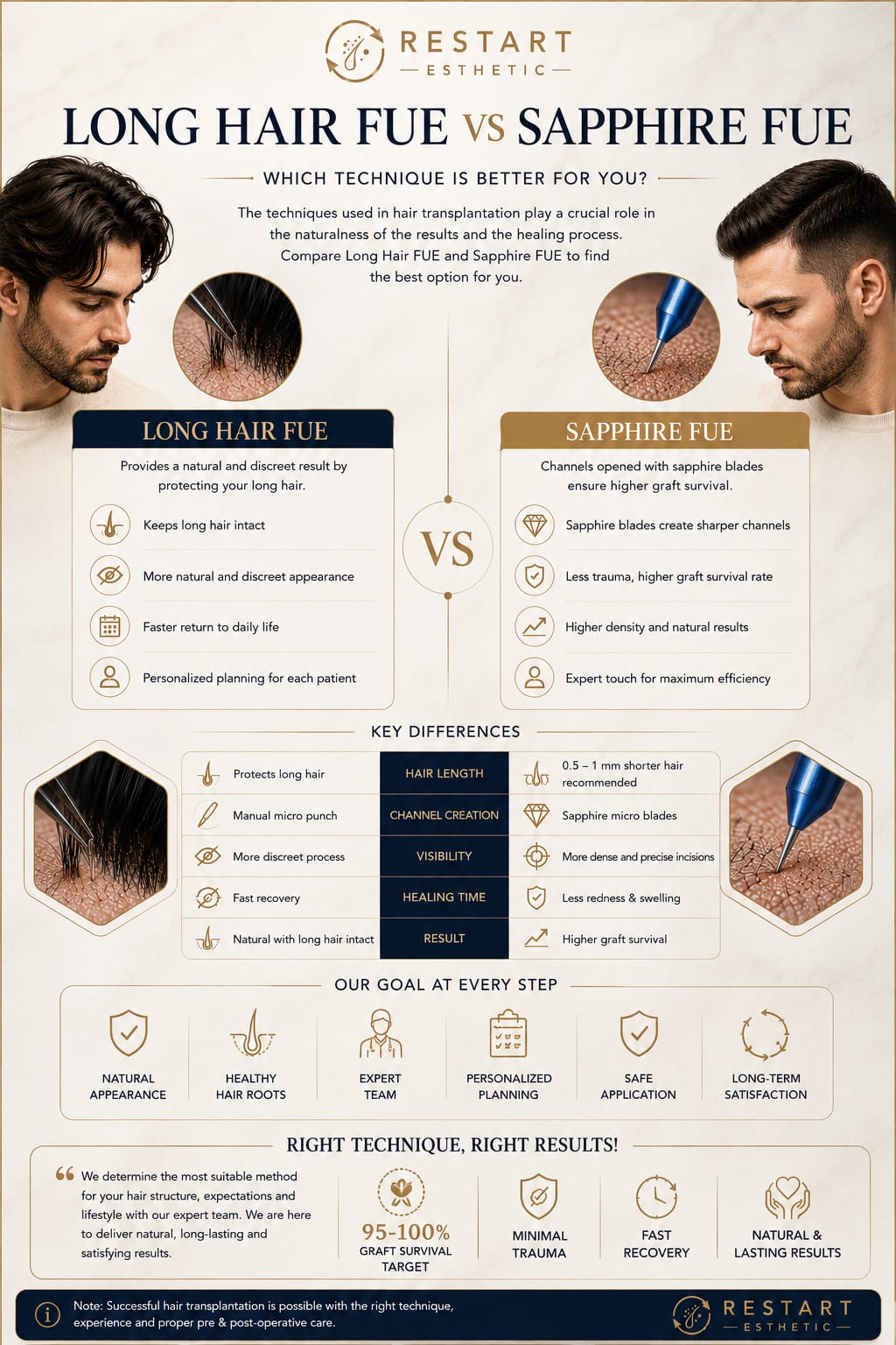 Long Hair FUE vs Sapphire FUE comparison infographic