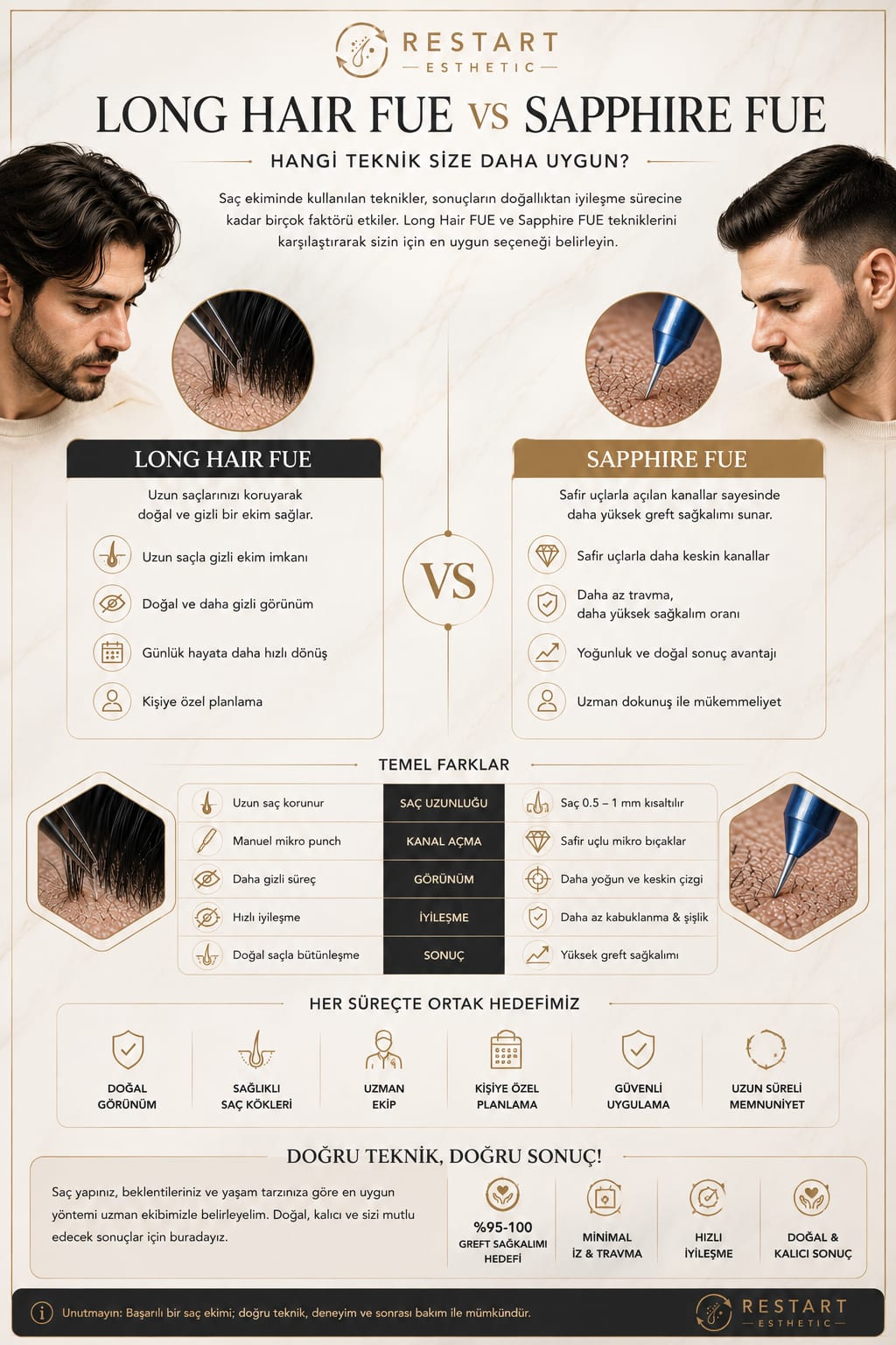 Long Hair FUE vs Sapphire FUE: teknik farklar, avantajlar, dezavantajlar, graft kalitesi, recovery timeline