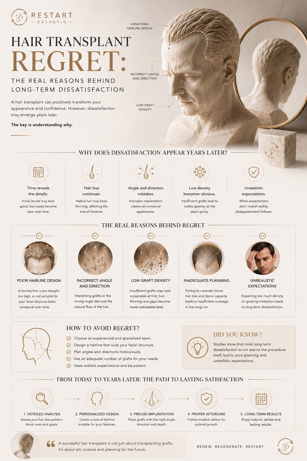Hair transplant regret infographic: expectation management, donor area protection, hairline design, and candidacy screening