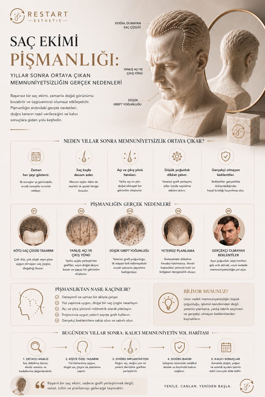 Saç ekimi pişmanlığı infografiği: beklenti yönetimi, donör alan koruması, hairline tasarımı ve aday seçimi süreci