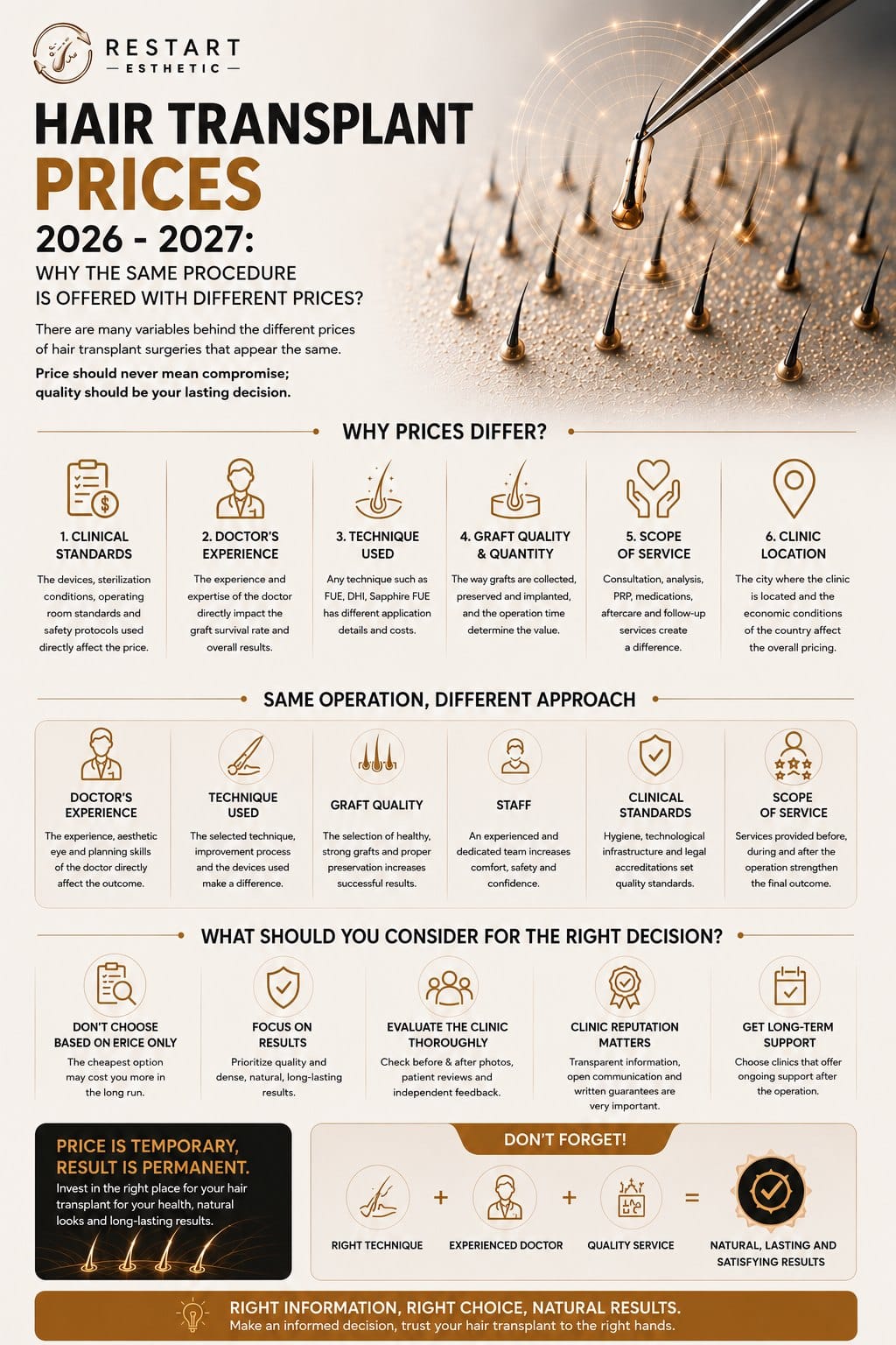 Hair transplant prices infographic: why prices differ (clinical standards, doctor's experience, technique used, graft quality, scope of service, clinic location), same operation different approach, and what to consider for the right decision