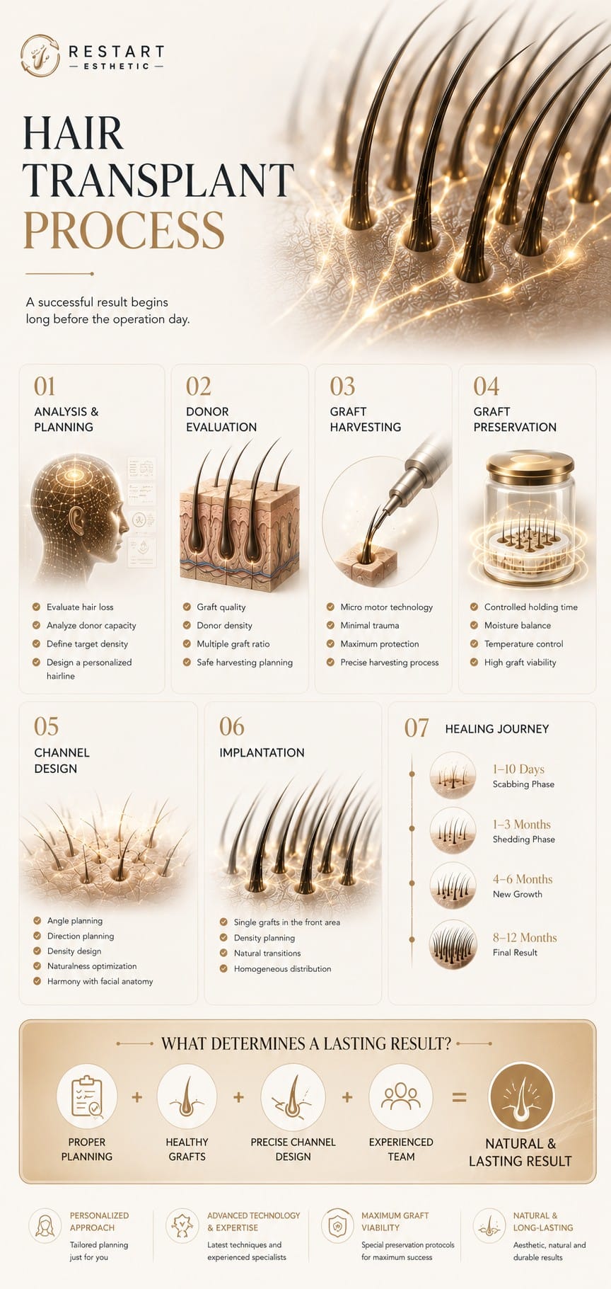 English infographic outlining analysis, donor evaluation, graft harvesting, preservation, channel design, implantation and healing journey
