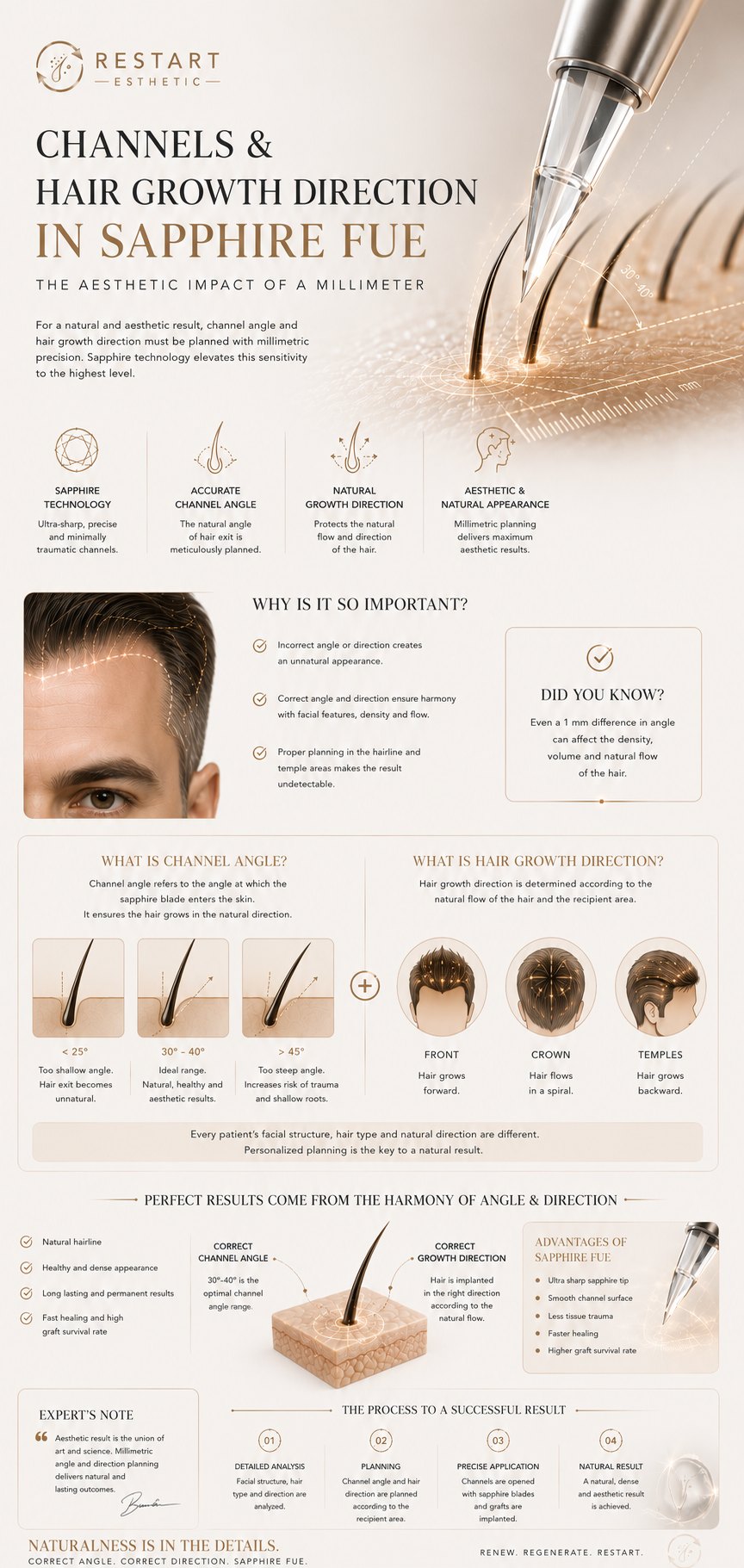 Sapphire FUE infographic: material advantages of the sapphire blade, canal angle map, blade-tip selection by graft caliber, and the healing mechanism
