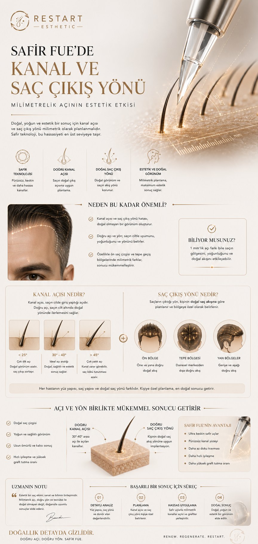 Safir FUE infografiği: safir bıçağın malzeme avantajları, kanal açısı haritası, greft kalınlığına göre uç seçimi ve iyileşme mekanizması