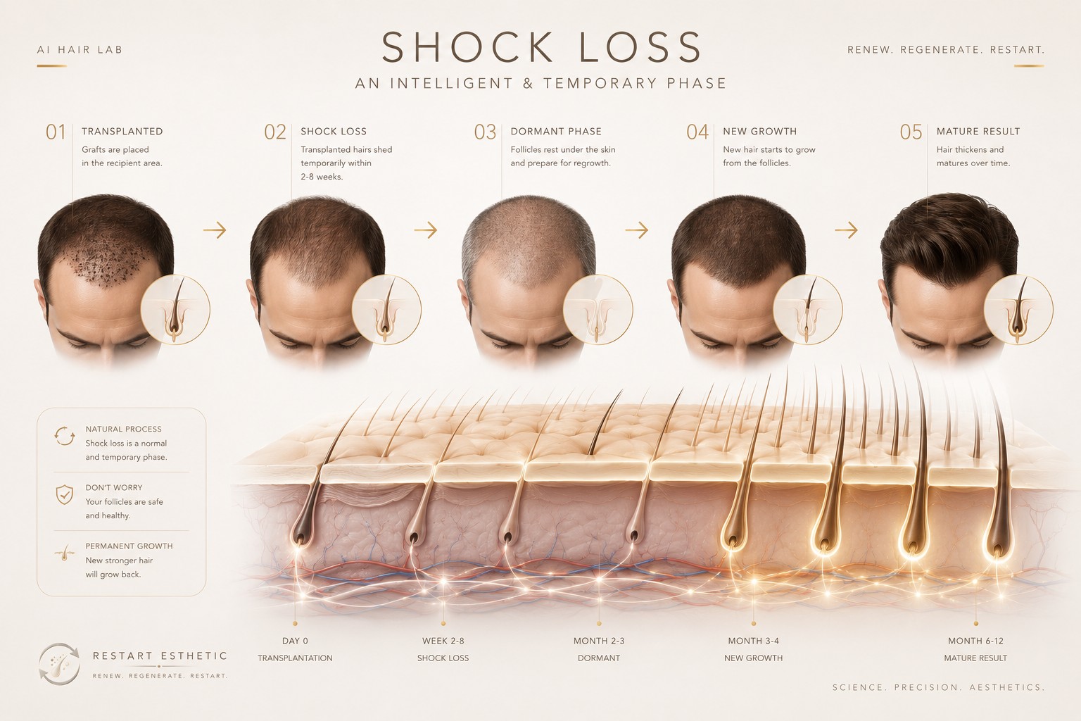 Shock loss timeline infographic: transplantation, shock loss, dormant phase, new growth and mature result