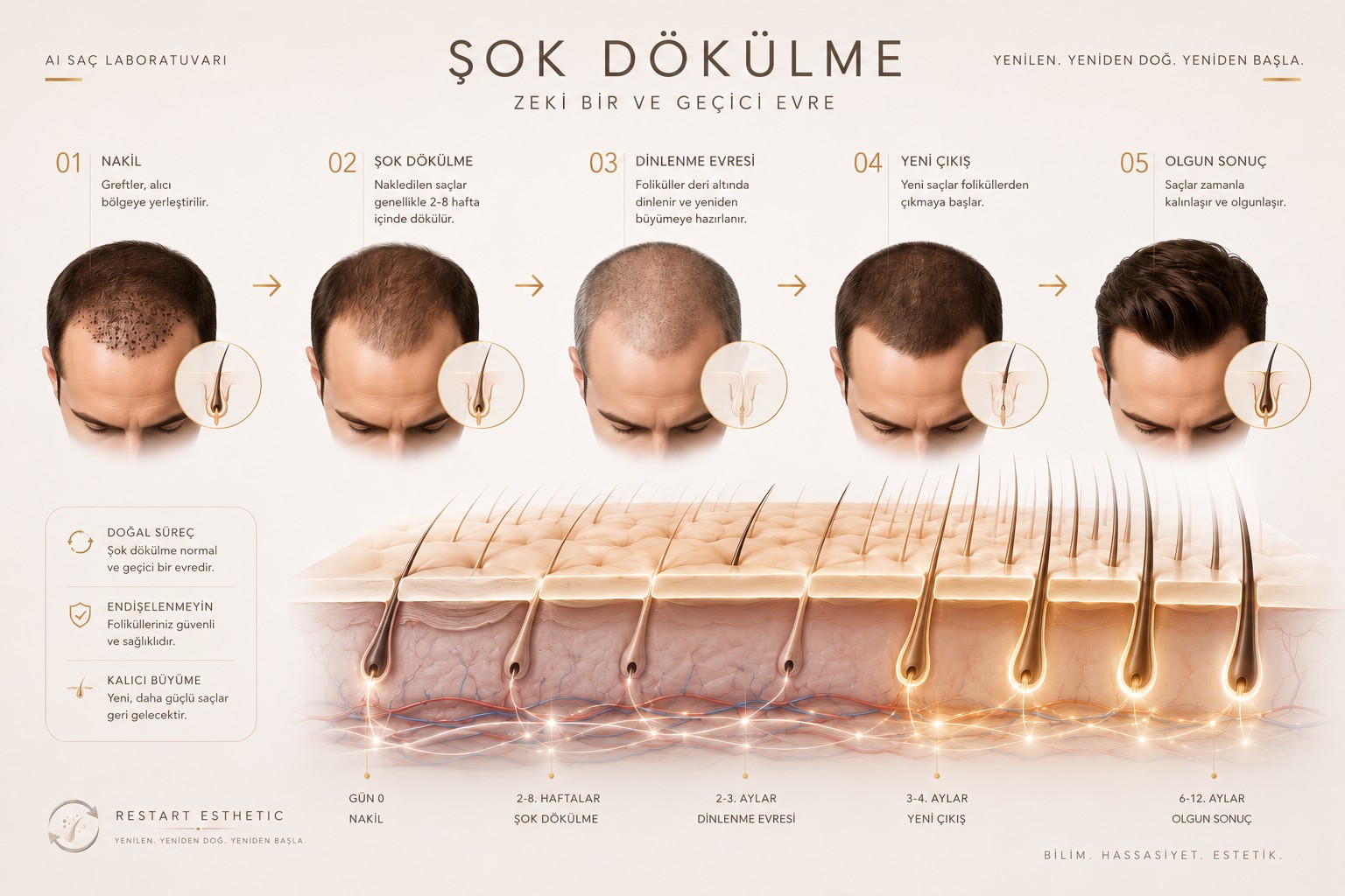 Şok dökülme zaman çizelgesi infografiği: nakil, şok dökülme, dinlenme evresi, yeni çıkış ve olgun sonuç