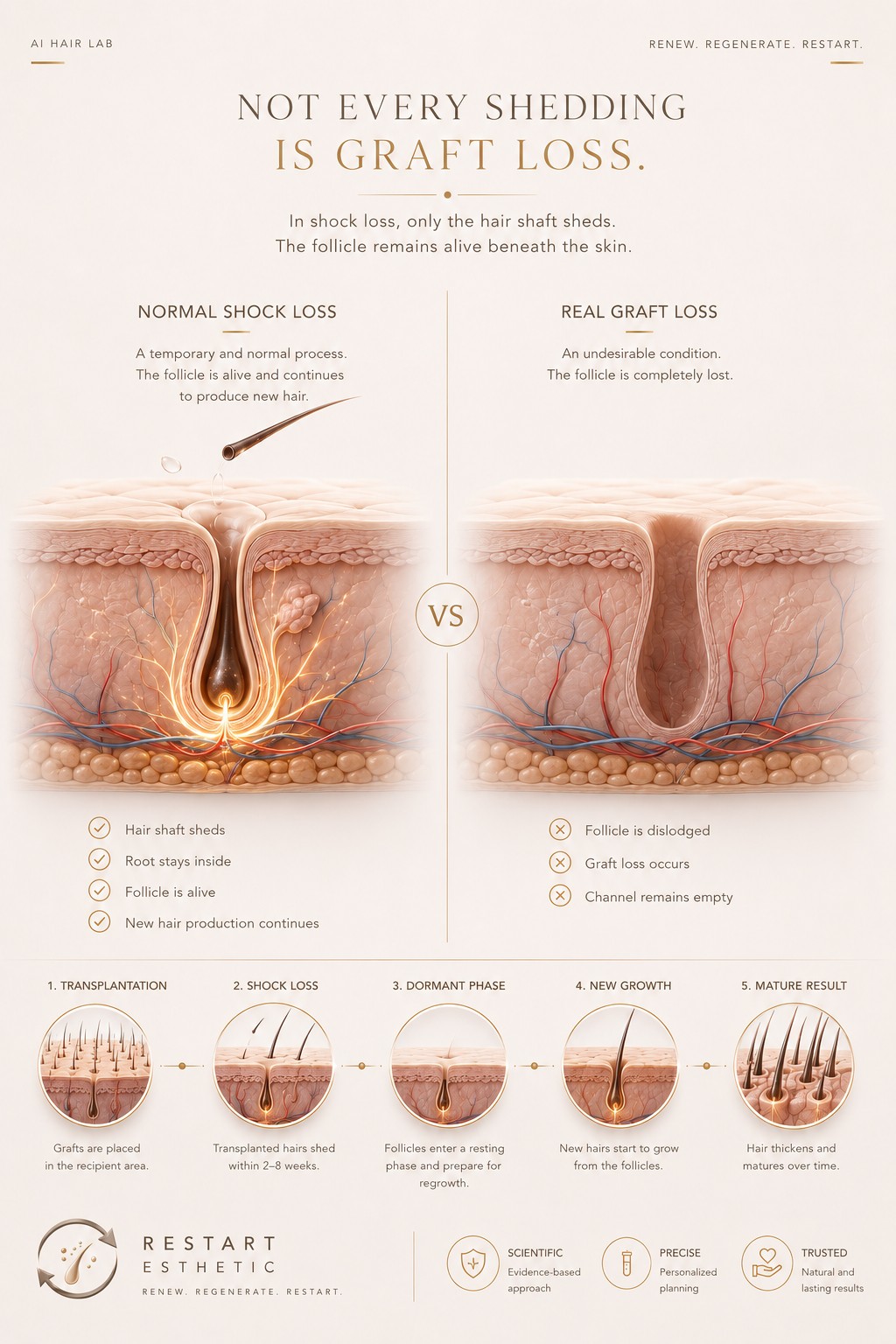 Comparison: in normal shock loss only the hair shaft sheds and the follicle stays alive; in real graft loss the follicle is lost entirely