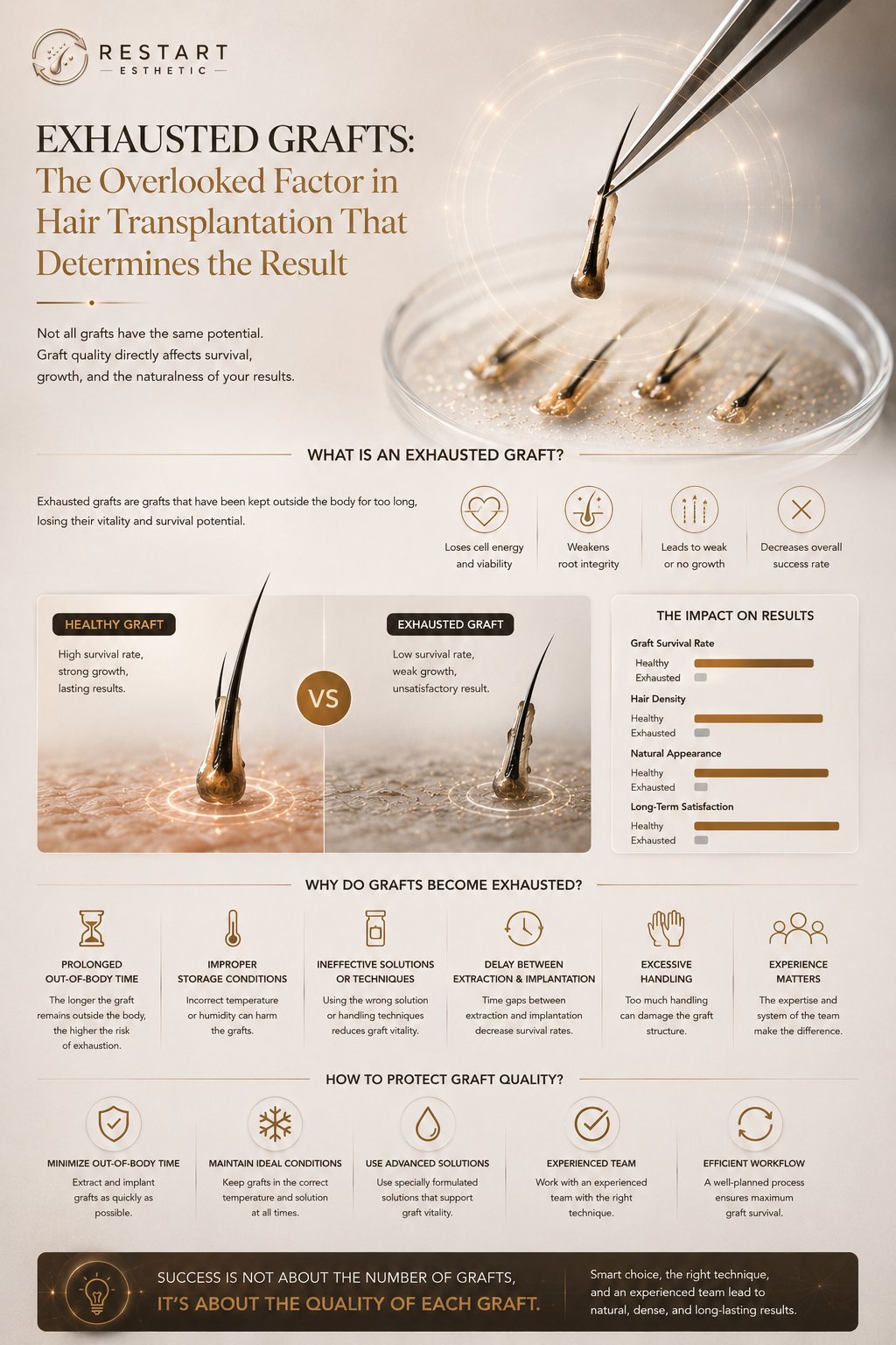 Tired graft infographic: why a graft tires (harvest trauma, out-of-body time, dehydration, ischemia), how it affects survival and outcome, and Restart Esthetic's approach to minimising the tired graft