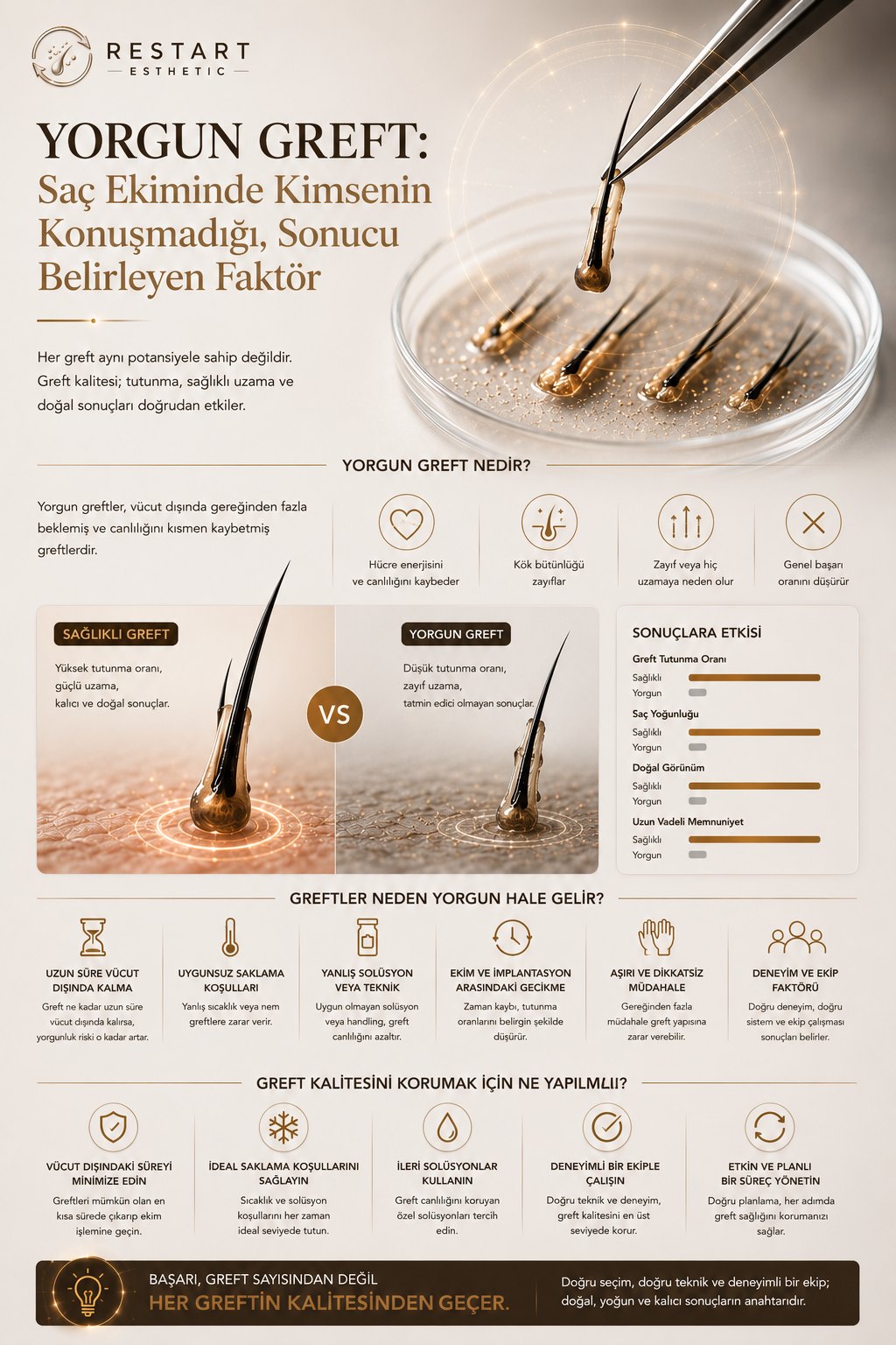 Yorgun greft infografiği: greftin neden yorulduğu (alım travması, beden dışı süre, dehidrasyon, iskemi), bunun tutunma ve sonuca etkisi ve Restart Esthetic'in yorgun grefti en aza indiren yaklaşımı