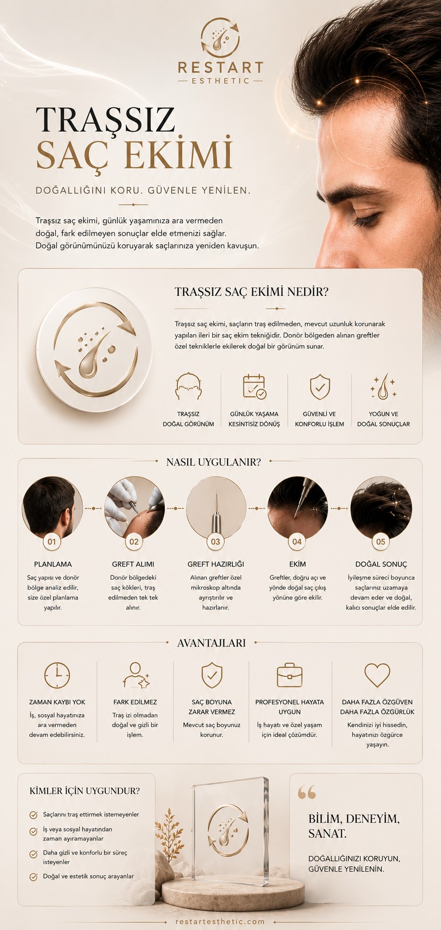 Traşsız ve traşlı saç ekimi yöntemlerini, endikasyonlarını ve klinik farkları gösteren karşılaştırmalı infografik