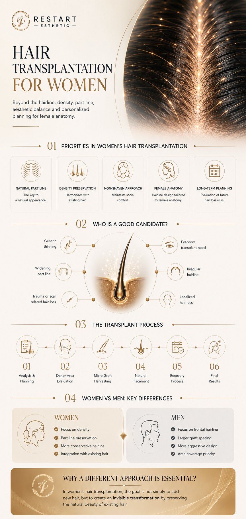 Hair transplant for women infographic: priorities (natural part line, density preservation, non-shaven approach, female anatomy, long-term planning), who is a good candidate, the transplant process, and women vs men key differences